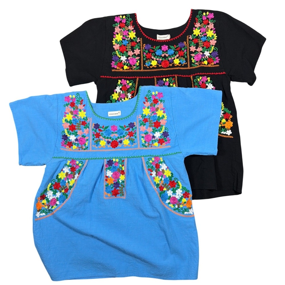 YZXDORWJ Womens XL Mexican Floral Embroidered Peasant Tops Black Blue Set of 2